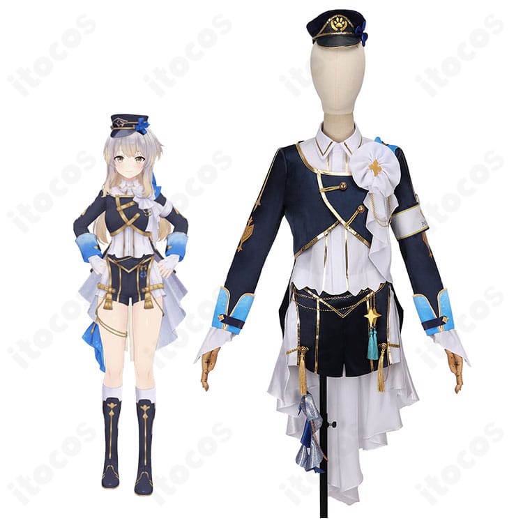 モデル着用の栞葉るり 共通衣装コスプレ一式。ロングコートと帽子、腕章が映える全身コーディネート