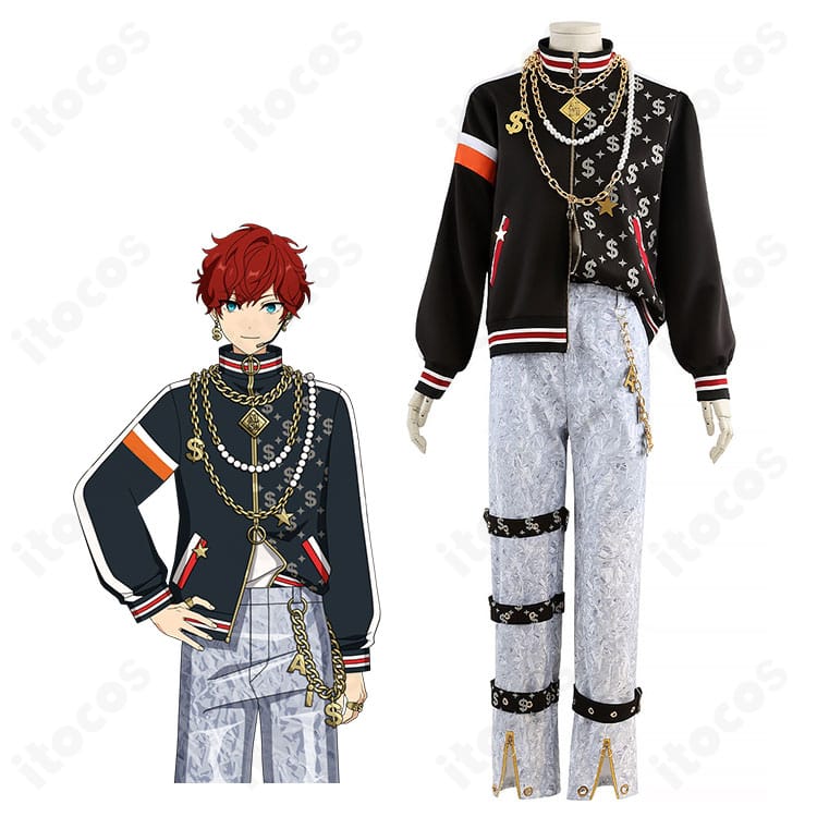 モデル着用の『あんさんぶるスターズ！！』モチーフ・ステージ衣装全身。コートとアクセが映えるクールなコーデを正面で紹介