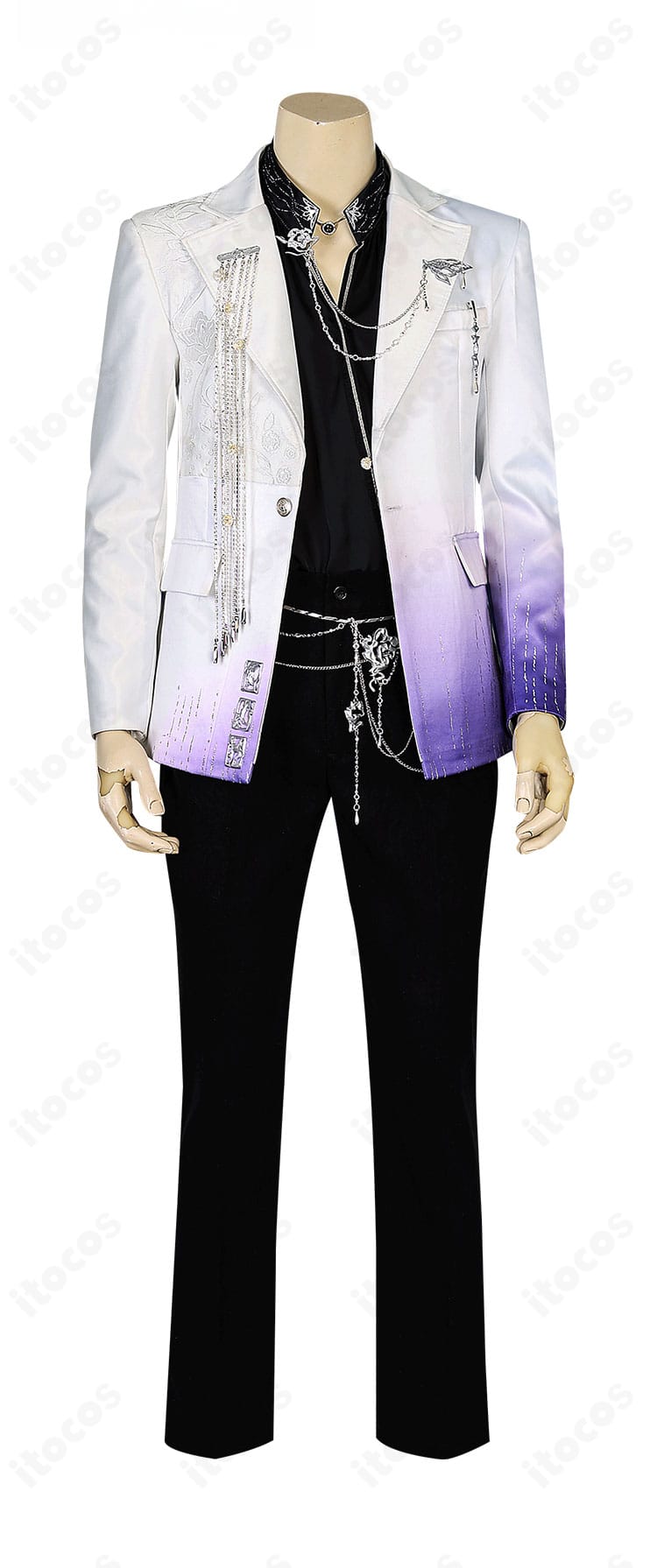 正面全体カット。コート・シャツ・ズボン・飾り物の4点セット構成とフロントのラインを示す画像