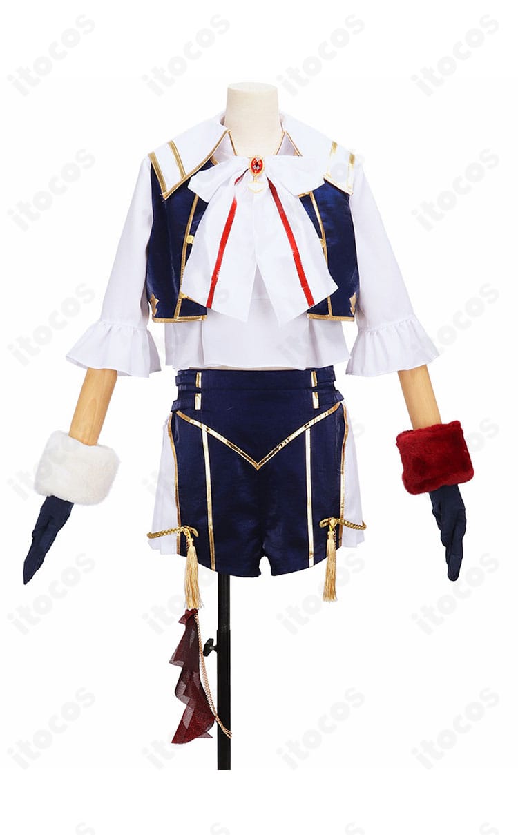 にじさんじ ドーラ 共通衣装コスプレの正面。コートとシャツの配色、スカーフ位置、胸元ディテールが分かるフロントビュー