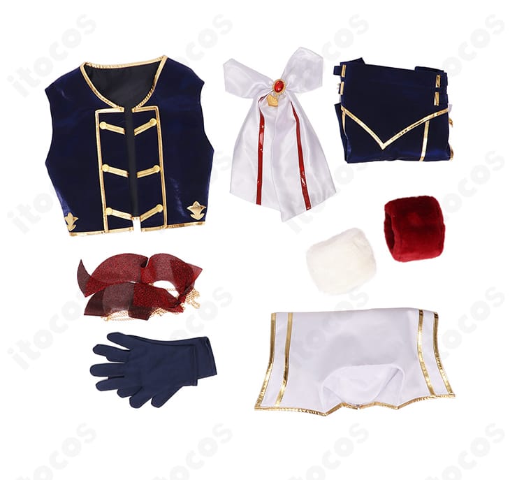 ドーラ 共通衣装コスプレ 7点セットの平置き。コート、シャツ、スカーフ、ショートパンツ、手袋、手首飾り、太もも飾りの内容が一目で分かる