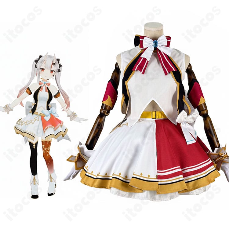 モデル着用の百鬼あやめ アイドル衣装一式。スカーフと大きな背中リボン、腕飾りまで揃った全身コーデの確認画像