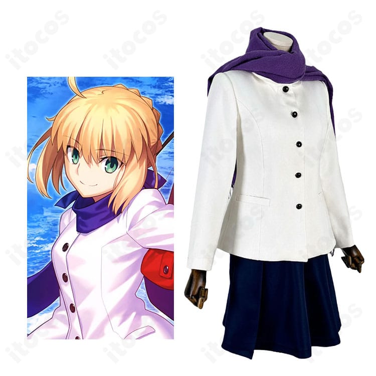 Fate/stay night セイバー私服（冬服）フルコーデの全身画像。コートとマフラーの上品なシルエットが分かる正面カット。