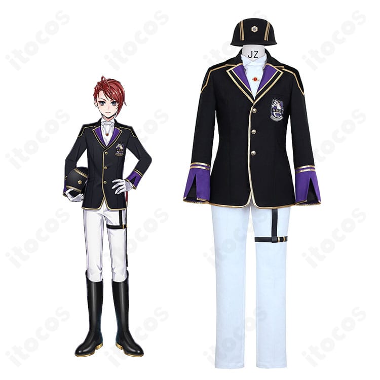 モデル着用のリドル・ローズハート クラブ・ウェア一式（コート・シャツ・ズボン・スカーフ・帽子・ベルト類）の全身イメージ