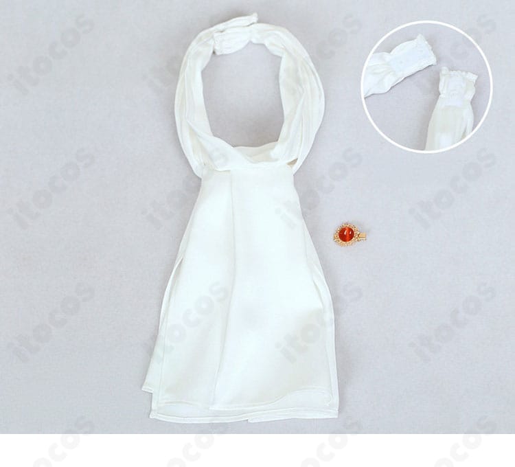 スカーフアクセントのクローズアップ（結び位置と色味）