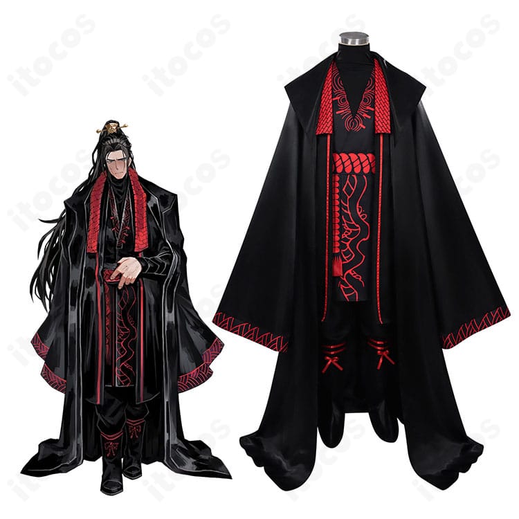 ジア・チォウのフルコーデ一式を着用した人物全身画像（マントとコートの質感が分かる）