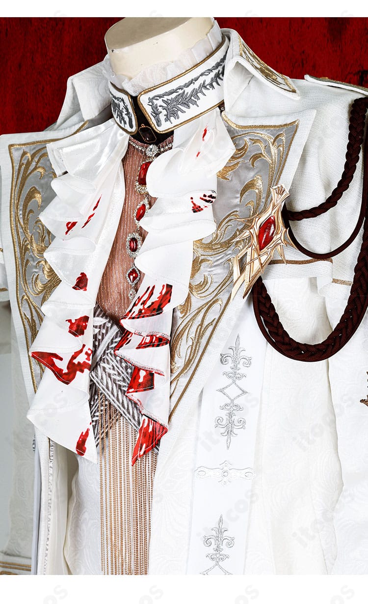 襟元ディテールの接写。シャープな装飾と配色コントラストでクールな印象を強調