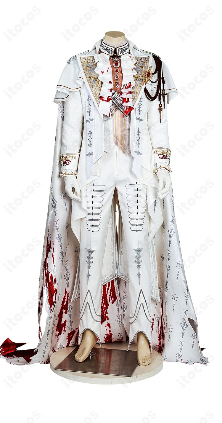 恋と深空 シン 銀翼の悪魔〈野を裁く赤月〉コスプレの正面全体図。コート・ベスト・インナーのレイヤード構成を確認