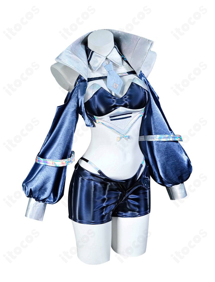 ニュージャージー ブラック・プレリュード コスプレ衣装の正面全体。コートとトップス、ネクタイの配置が確認できる