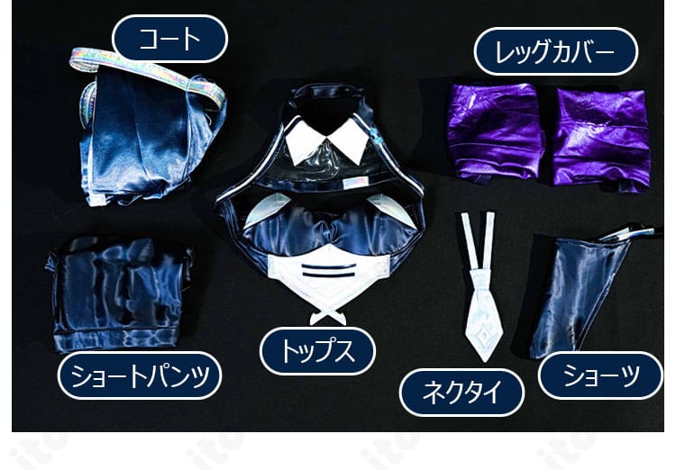 セット内容一式の平置き。コート、トップス、ショートパンツ、ネクタイ、ショーツ、レッグカバーを並べて紹介