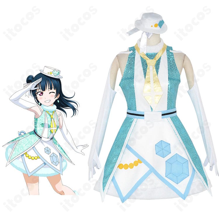 津島善子 聖なるリトルデーモン衣装を着用したモデル全身。ワンピースと六角形モチーフ装飾、髪飾り・手袋のセット構成が分かる画像。