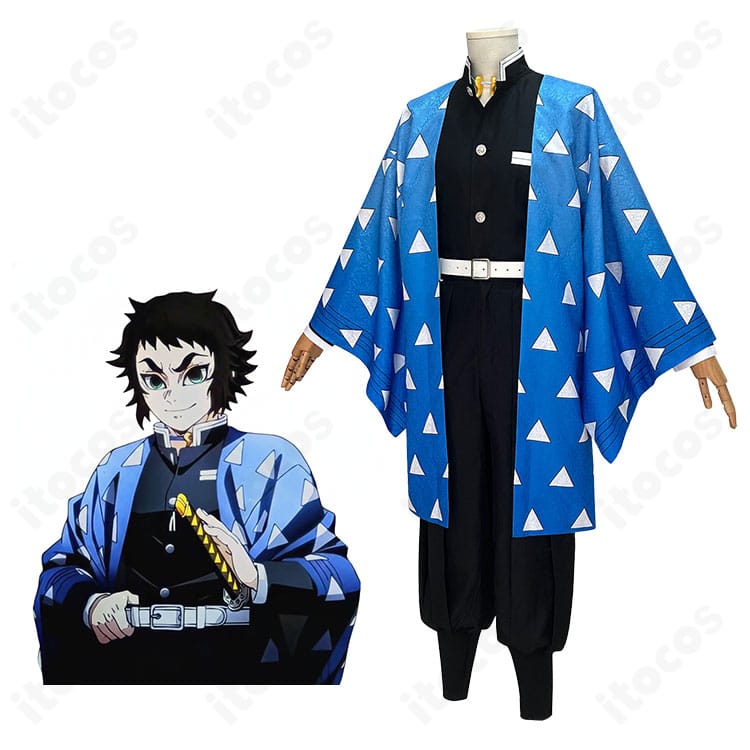 獪岳の鬼殺隊隊服コスプレ一式を着用した全身イメージ。羽織と高コントラスト配色が映えるスタイリング。