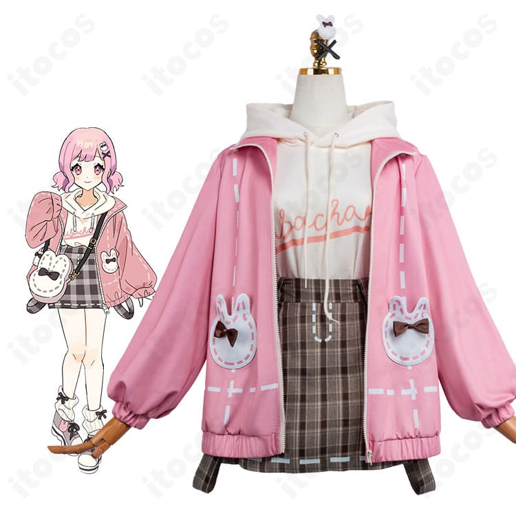 鳳えむ/草薙寧々 おさんぽうさちゃん私服コスを着用した全身イメージ。コートとパーカー、スカート、尻尾、レッグウォーマー、髪飾りのバランスが分かる人物写真。