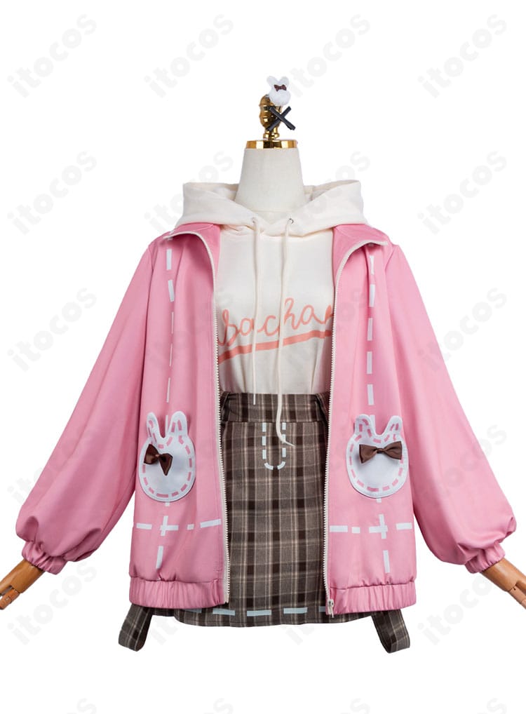 おさんぽうさちゃんコーデの正面全体。パーカーのシルエットとスカートのAライン、前開きコートのディテールを確認できる正面画像。