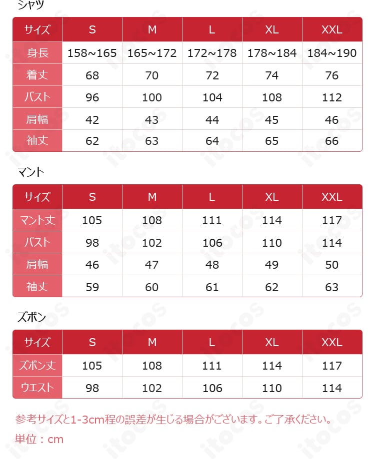 サイズ表・採寸ガイド。S〜XXLの寸法目安と計測ポイントを示す画像。