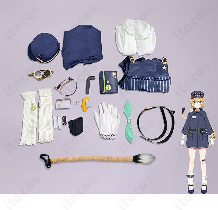 セット内容の平置き一式（コート、ジャンプスーツ、帽子、ウエストポーチ等）