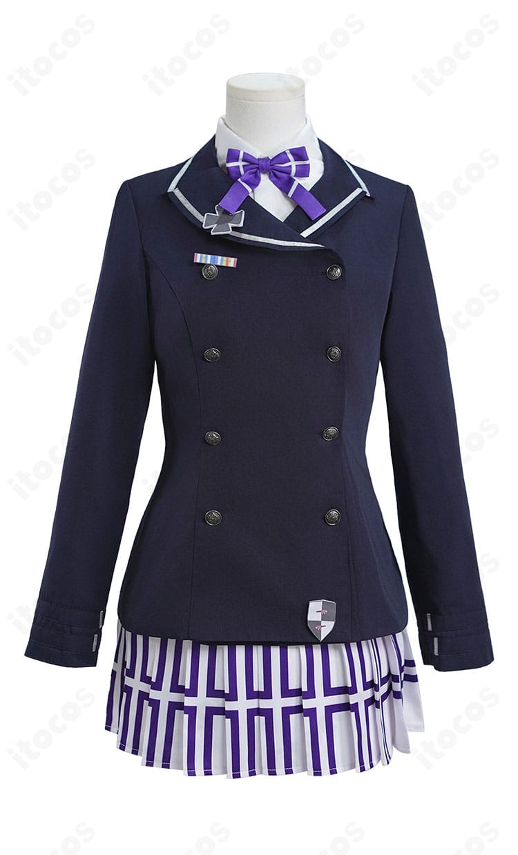 HK416 緋染め薄桜 コスプレ衣装の正面全体。学園風シルエットと配色、リボンの位置が分かる構図。