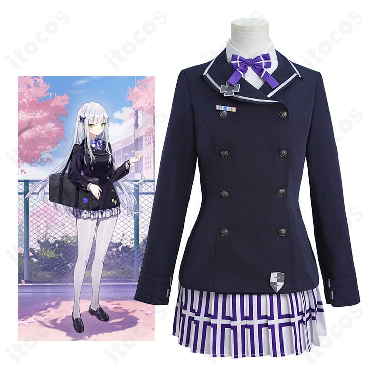 HK416 緋染め薄桜の着用イメージ。コート・シャツ・スカートのレイヤーと胸飾りを合わせたフルコーデ全身像。