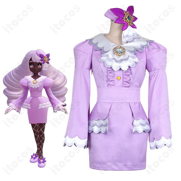 ユカリのコスプレ衣装を着用した全身イメージ。上品配色のワンピースと小物のトータルコーデが分かるカット