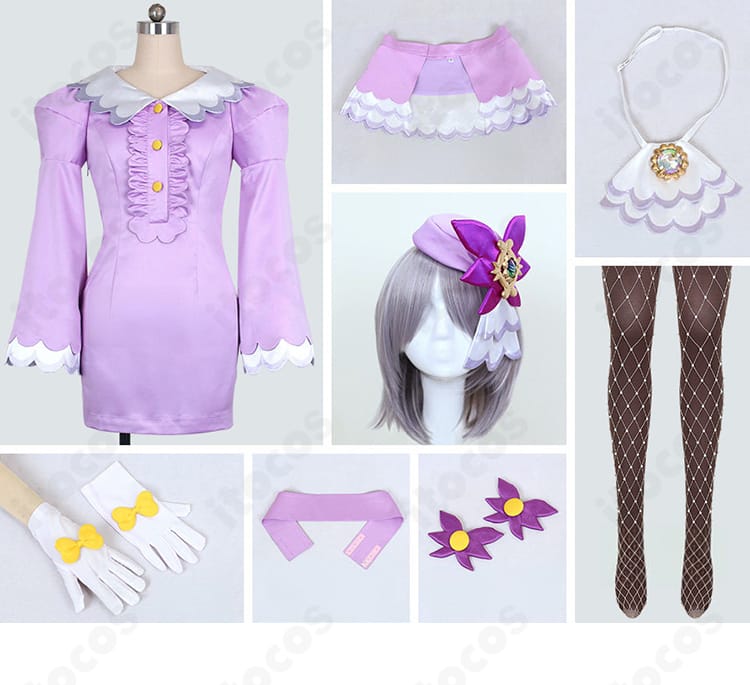 セット内容一覧。ワンピース、オーバースカート、スカーフ、髪飾り、手袋、ベルト、靴飾り、靴下の同梱物