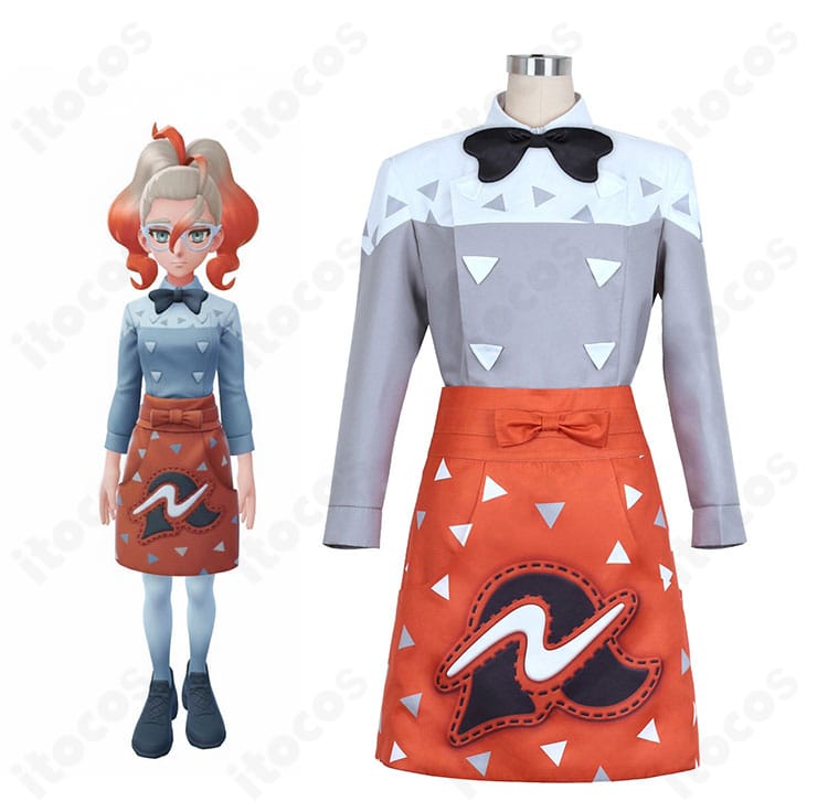 モデル着用のグリーズ風コスプレ一式。トップス・スカート・エプロン・蝶ネクタイ・タイツのフルコーデ全身像