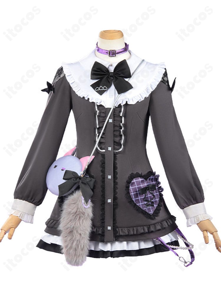 東雲絵名 キャットラビング衣装の正面全体。ワンピースとスカーフ、リボン配置が確認できる画像