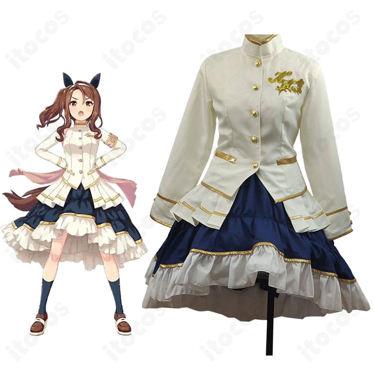 キングヘイロー 勝負服 白く気高き激励の装を着用した全身モデル写真。上品な配色とヨーロピアン装飾が映えるフロントスタイル。