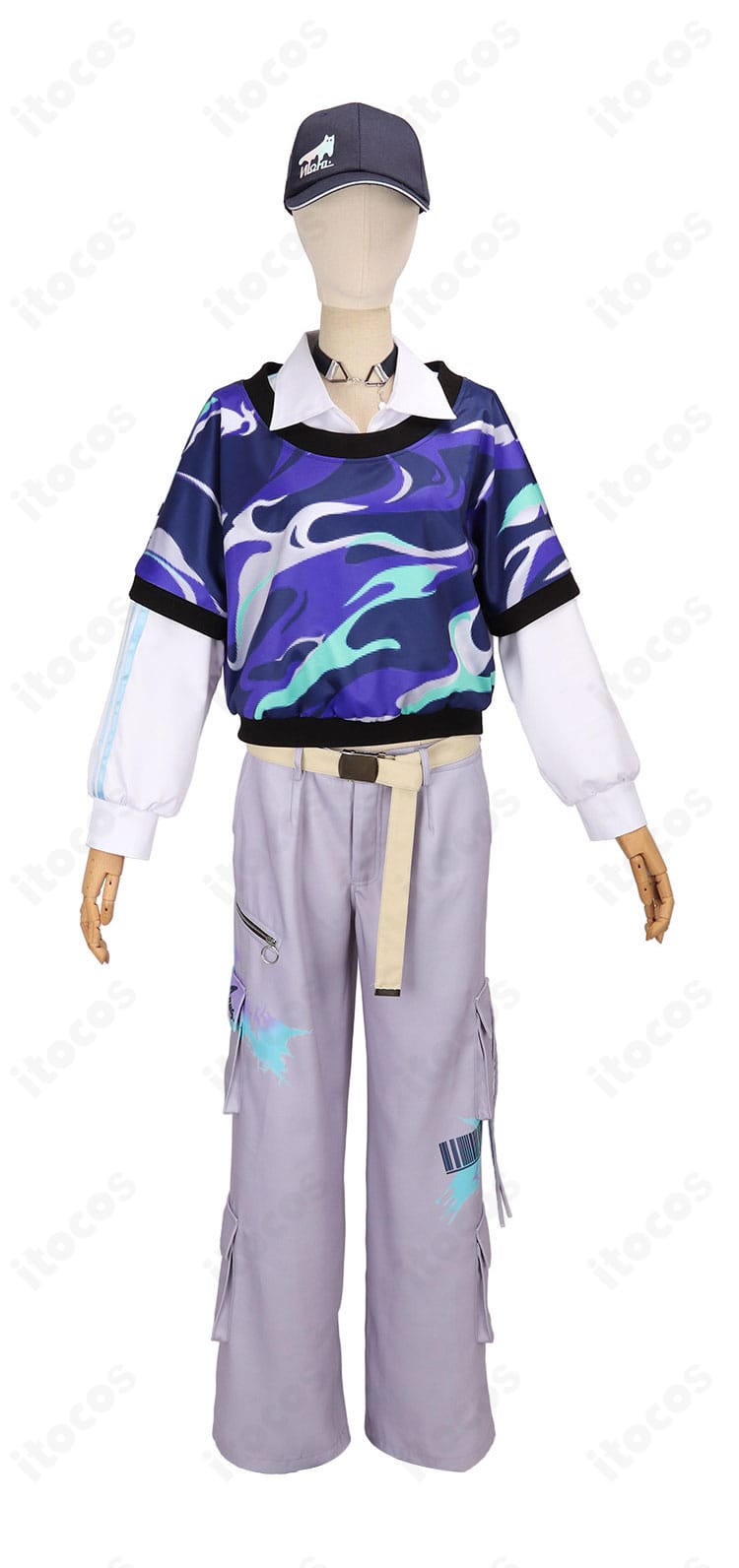 花籠つばさ デフォルト衣装の正面。半袖上着とトップス、ベルト位置、コントラスト配色のディテールが見える商品正面図。