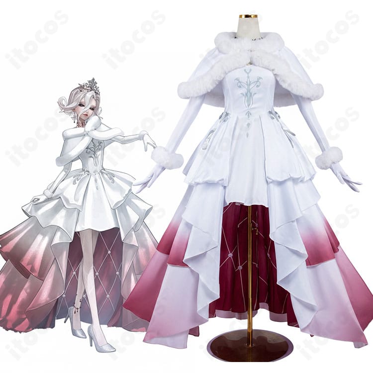 血の女王マリーのフルコーデ着用イメージ。王冠とショール付きドレスをモデルが着用