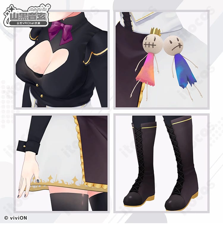 山黒音玄 初期衣装の装飾・縫製ディテール。生地の質感、エッジの処理、ステッチの精度をクローズアップ。