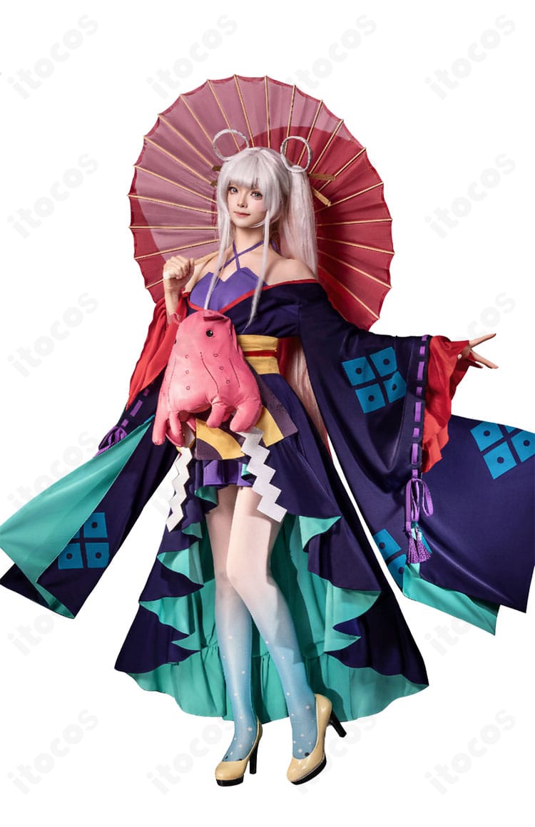 コスプレ衣装の正面全体。ワンピースとコルセットのシルエットと配色が分かる