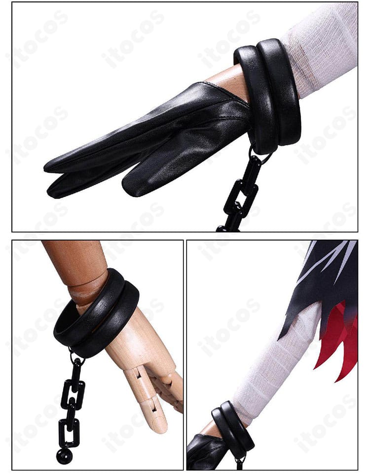 腕飾り・アクセサリーの細部。ブレスと手袋の素材コントラストを表現