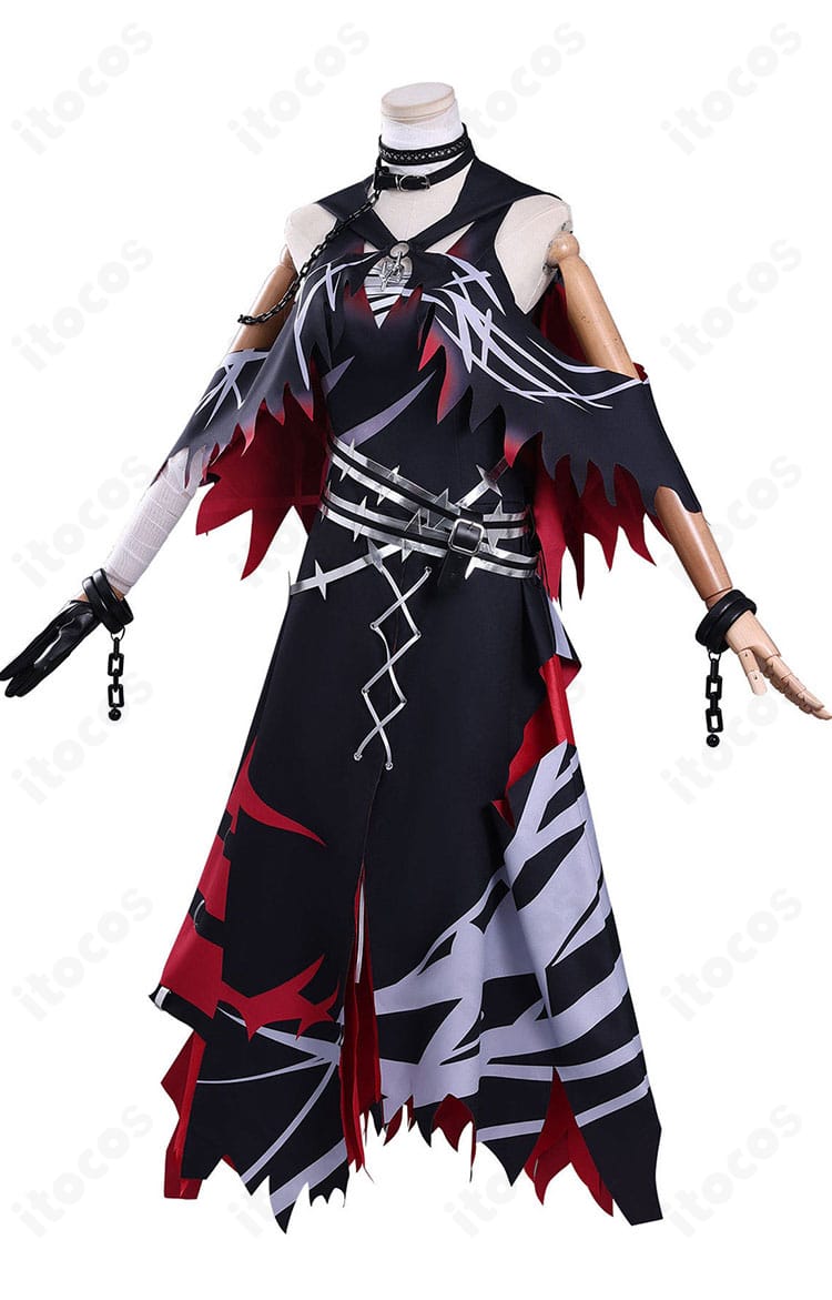 紫藤アリサ衣装の側面ビュー。ショールの落ち感と腰飾りの立体感が分かる角度