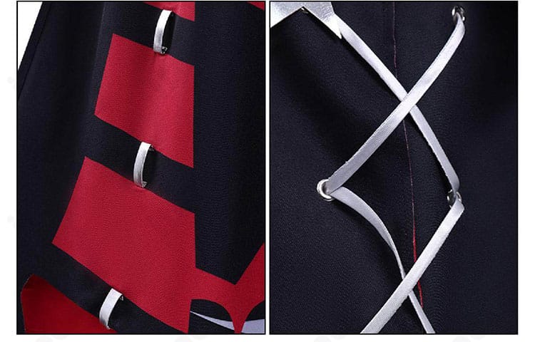 衣装のメッシュ装飾ディテール。透け感のバランスと縫製ラインを強調