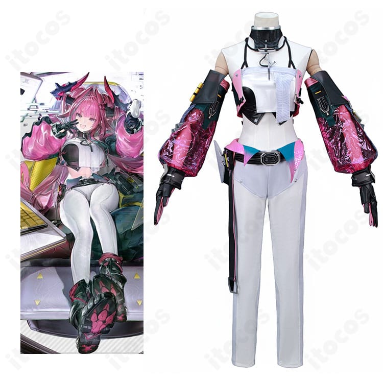 イヴォンヌのフルコーデ着用イメージ。サイバー感ある配色と腰飾り・腕章まで再現した全身図。