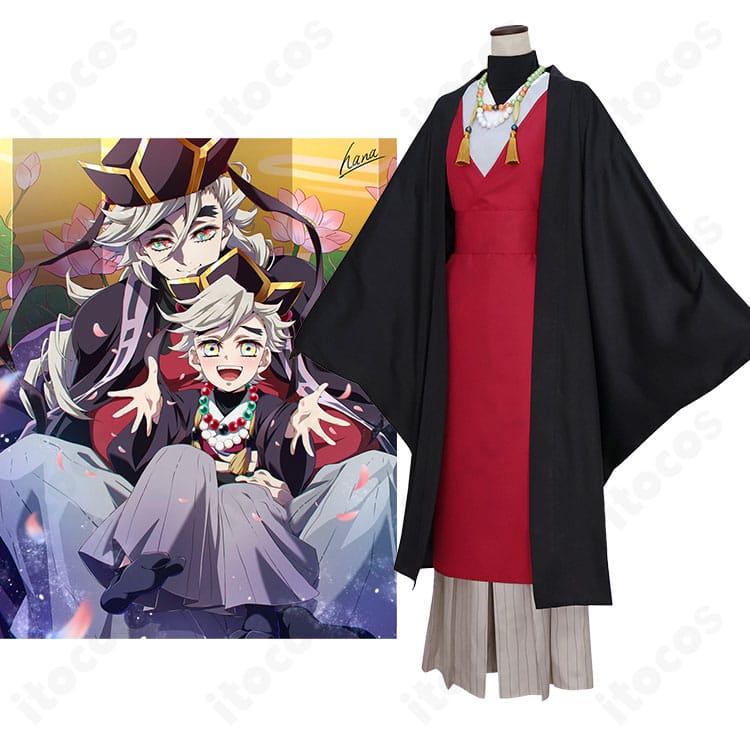 童磨 幼少期の和装コスプレ一式をモデルが着用した全身画像(羽織・袴・帯・小物のトータルコーデ)