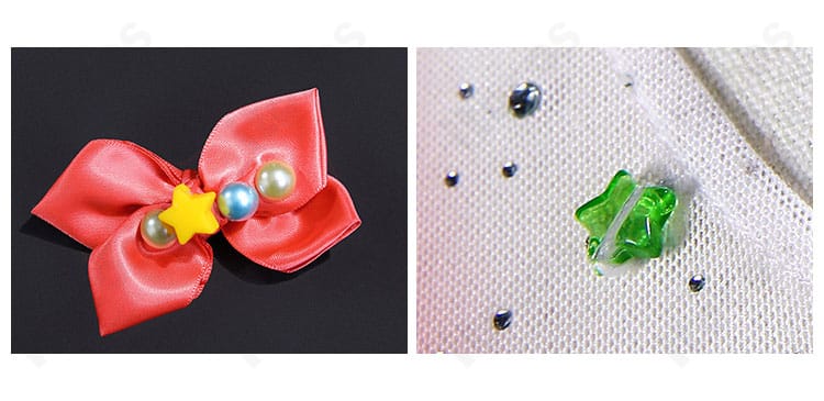 付属髪飾りの質感と装着イメージのクローズアップ。