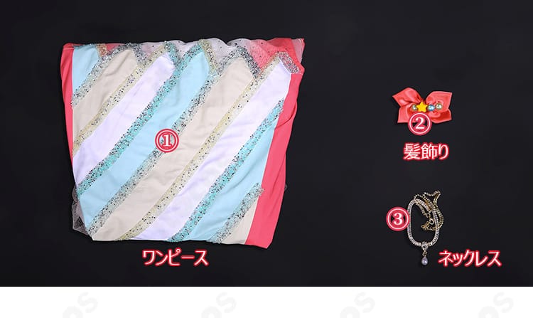 セット内容一覧:ワンピース(スケートドレス)、髪飾り、ネックレスのレイアウト。