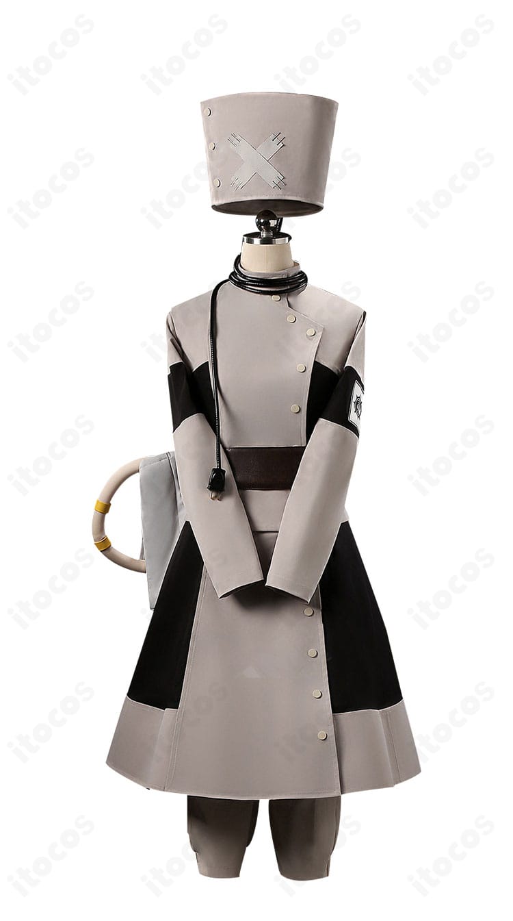 エイシア・スティルザ衣装の正面全体。ハリのある上着の直線的シルエットとコルセットベルトの配置が分かる。