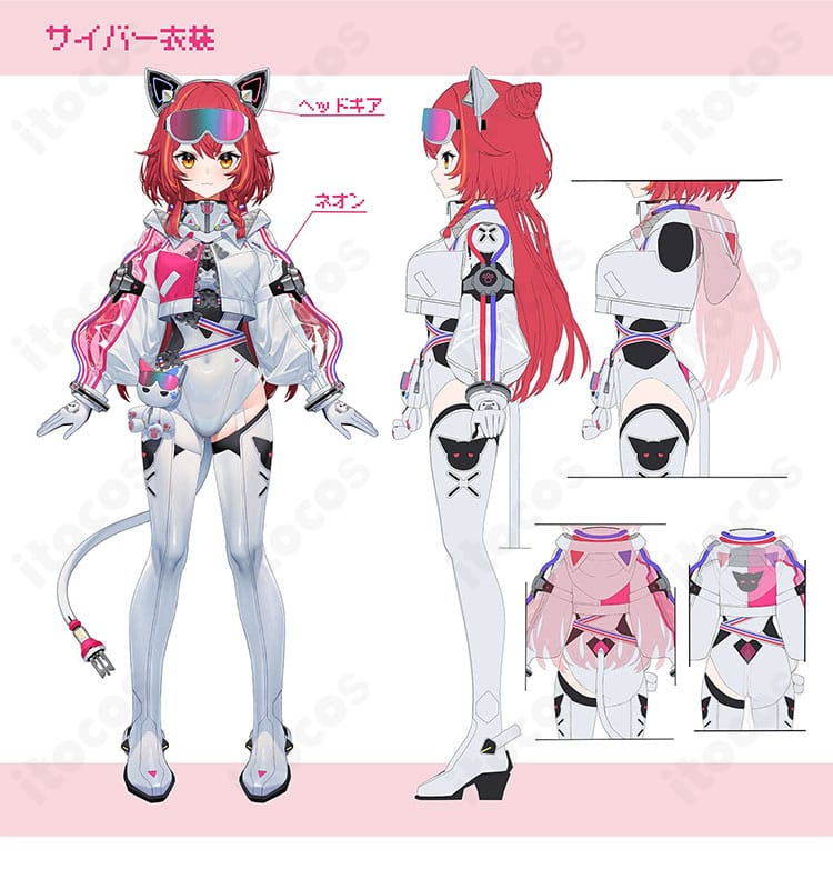 猫汰つな 新衣装(サイバー)コスプレの装飾ディテール。合皮パネルと発色の良い差し色、リベット風パーツの質感が分かる接写