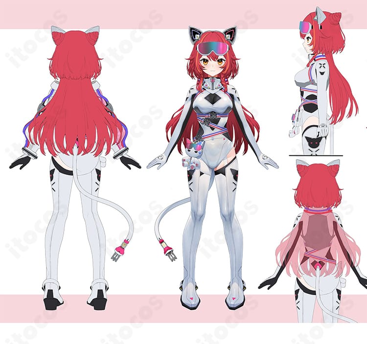 猫汰つな サイバー新衣装コスプレの前後全体像。フロントの直線的ラインとバックファスナー配置、アーマー風シルエットを確認できる画像