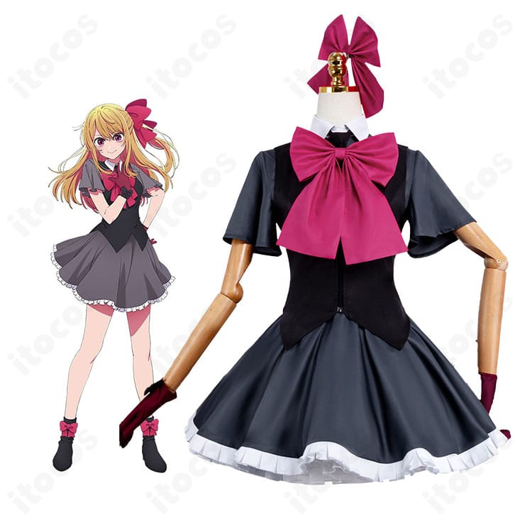 モデル着用の星野ルビー風アイドル衣装全身。シャツとベスト、スカートに胸元の蝶結びが映えるコーディネート