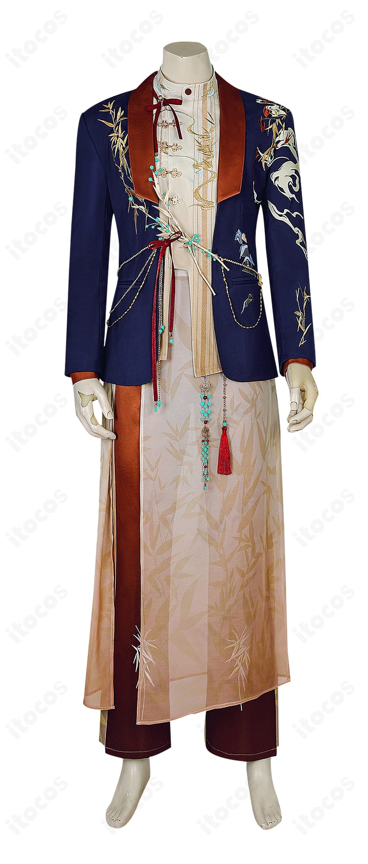 恋と深空「陽を映す霞」コスプレ衣装のコート・シャツ・腰布を中心にした正面ディテール写真