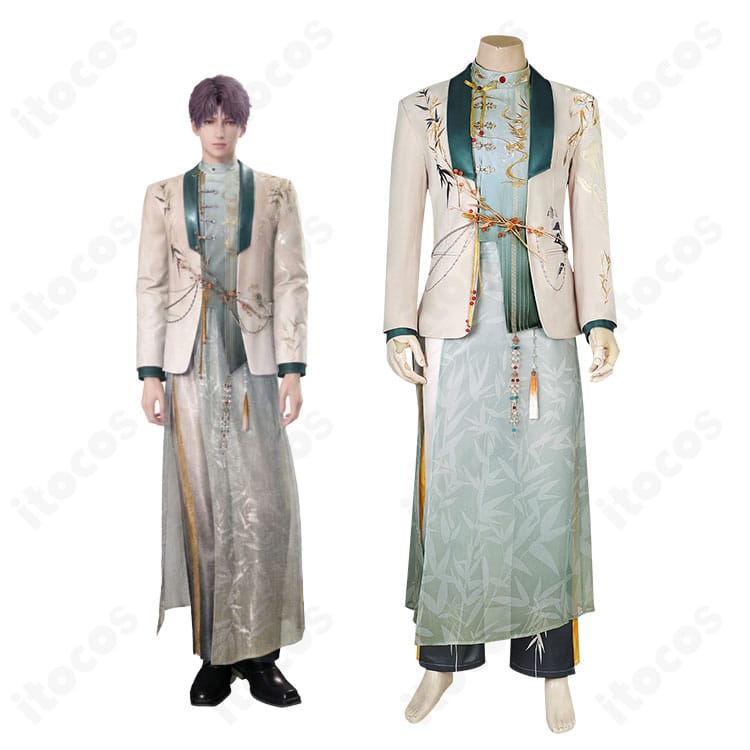 恋と深空 空渡る笛の音 共通衣装の着用全身イメージ。レイ/マヒル/シン/セイヤ/ホムラ向けの刺繍入りコートと腰布、装飾の質感が分かる写真