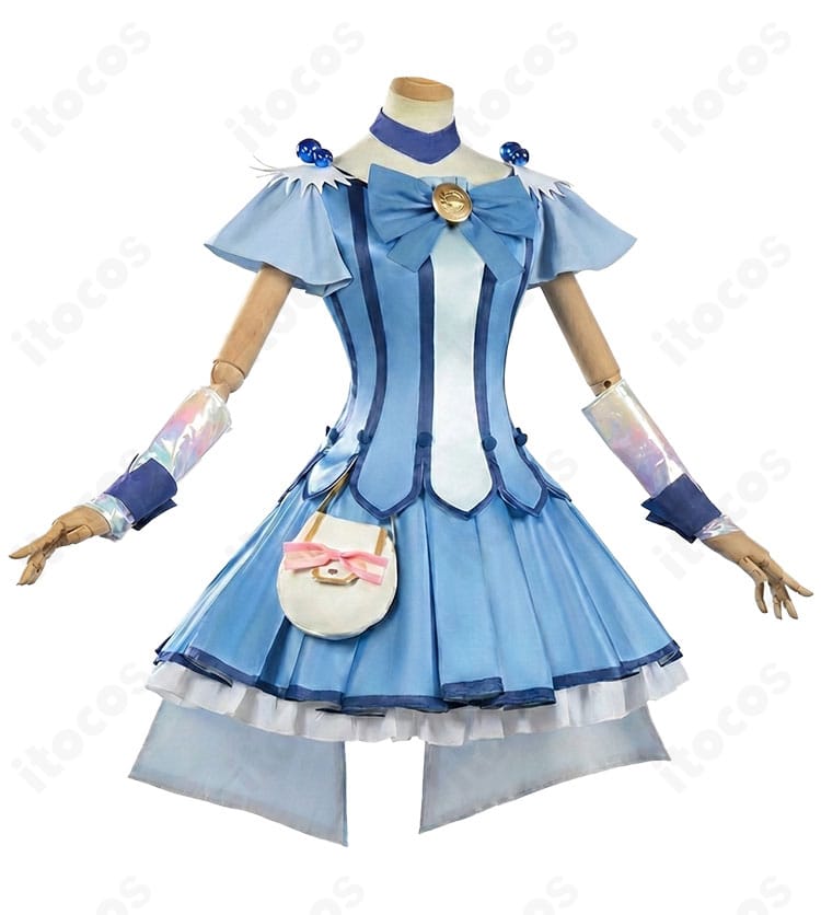 キュアビューティ衣装の側面。肩飾りやスカートのフレアライン、レッグカバーのフィット感が分かる角度