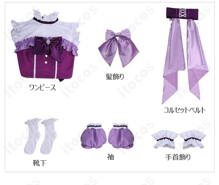 セット内容(ワンピース、コルセット、髪飾り、靴下、袖、手首飾り)の一式展示