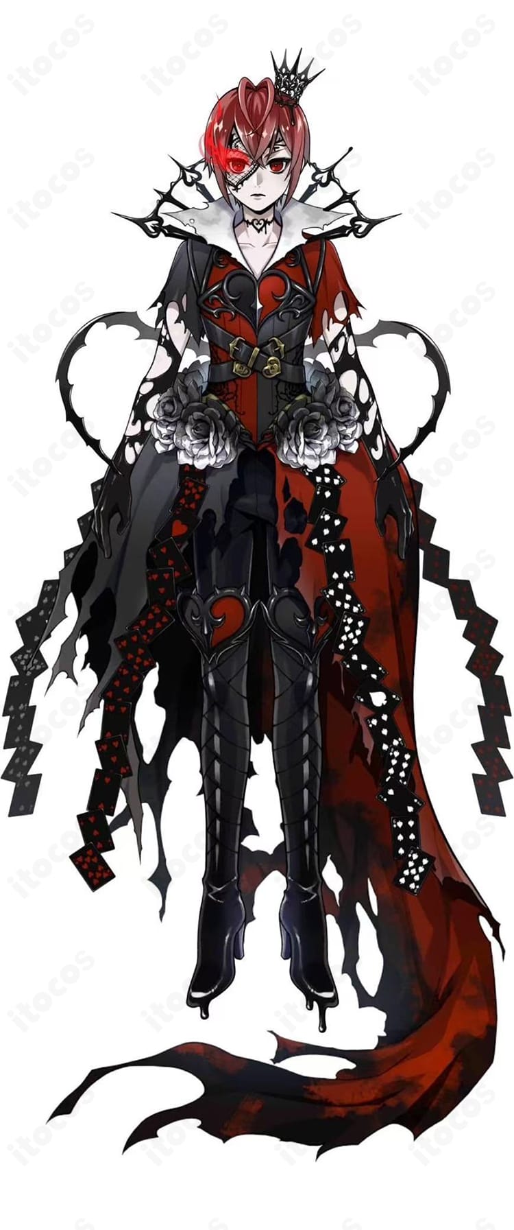 リドル・ローズハート オーバーブロット(真紅の暴君)コスプレ衣装の全身画像。黒と深紅のマントと直線的なシルエットが強調されたビジュアル。