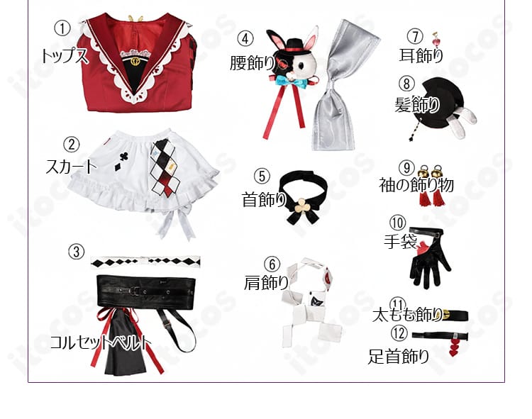 セット内容一式のフラットレイ。トップス、スカート、小物類(肩飾り・耳飾り・髪飾り・手袋ほか)が揃った構成写真。