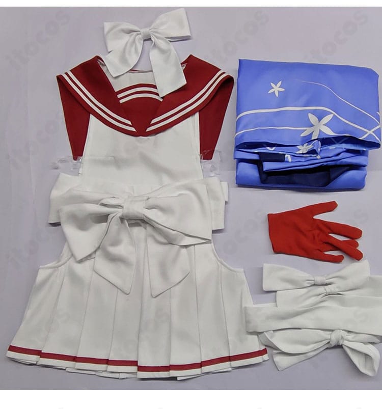 セット内容一式の平置き画像。羽織（裏地付き）、トップス、プリーツスカート、帯、バインドベルト、手袋の6点構成が分かる。