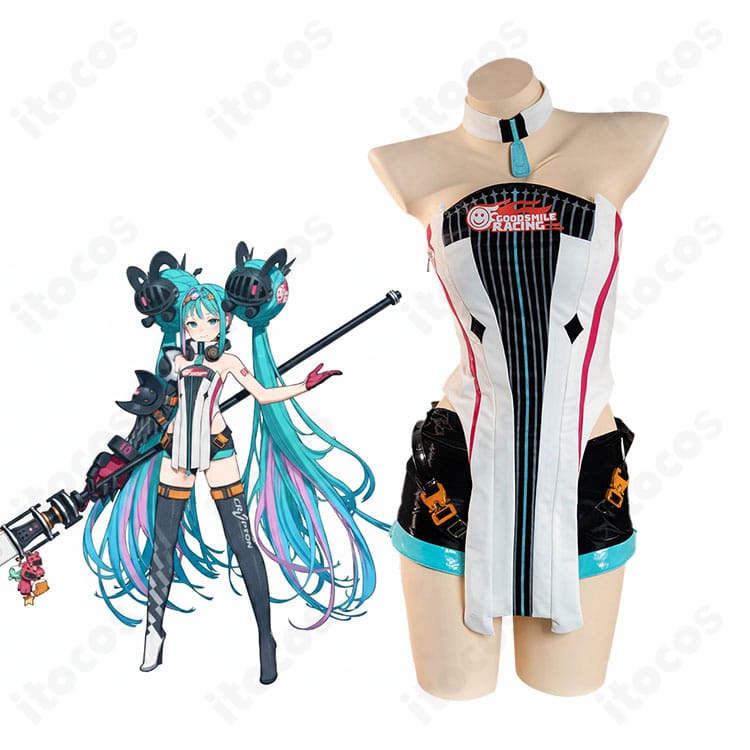 初音ミク レーシングミク 2026Ver. を着用した全身コーデのイメージ写真。クールでサイバーな雰囲気と美シルエットを強調。